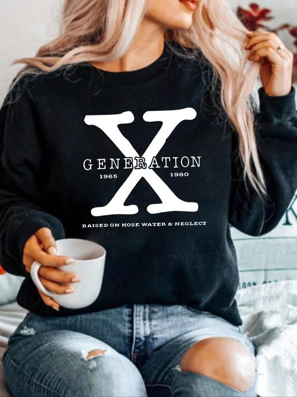 Women'WB shield Letter Print Drop Shoulder Sweatshirt, Casual Long Sleeve Round Neck Pullover for Daily Wear, Ladies TNF...
