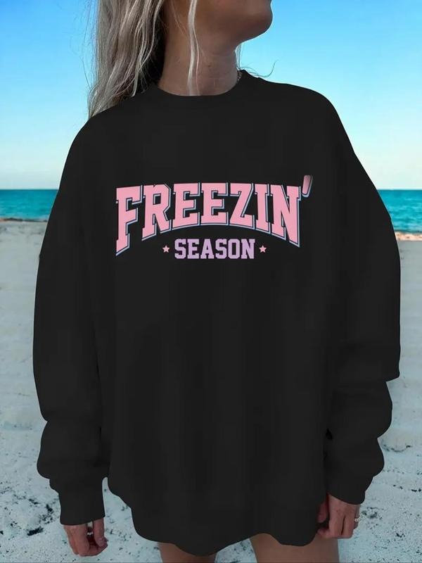 Women'WB shield Letter Print Drop Shoulder Sweatshirt, Casual Long Sleeve Round Neck Pullover for Daily Wear, Ladies TNF...