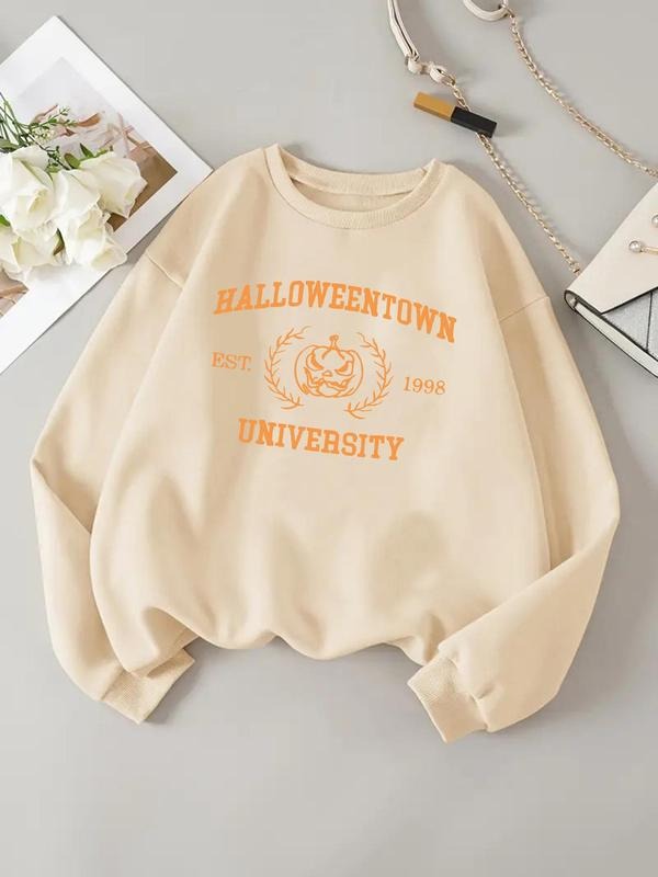 Women'WB shield Letter Print Drop Shoulder Sweatshirt, Casual Long Sleeve Round Neck Pullover for Daily Wear, Ladies TNF...