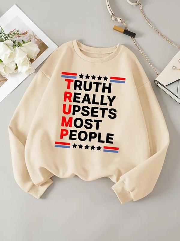 Women'WB shield Letter Print Drop Shoulder Sweatshirt, Casual Long Sleeve Round Neck Pullover for Daily Wear, Ladies TNF...