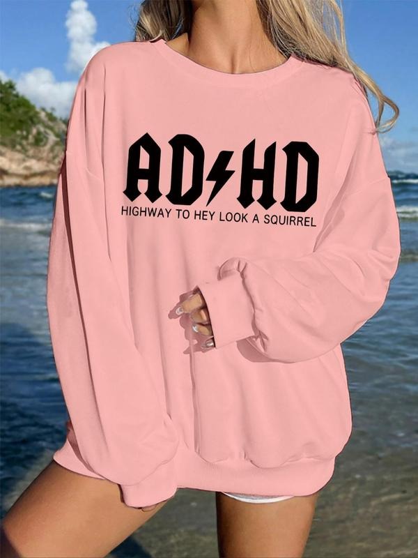 Women'WB shield Letter Print Drop Shoulder Sweatshirt, Casual Long Sleeve Round Neck Pullover for Fall & Winter, Ladies...
