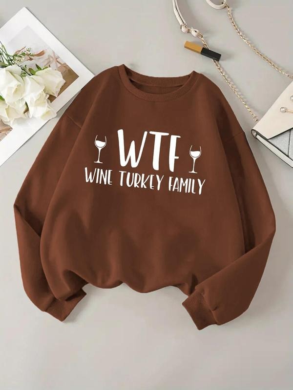 Women'WB shield Letter Print Drop Shoulder Sweatshirt, Casual Long Sleeve Round Neck Pullover for Fall & Winter, Ladies...