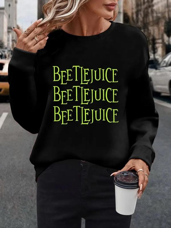 Women'WB shield Letter Print Drop Shoulder Sweatshirt, Casual Long Sleeve Round Neck Pullover for Fall & Winter, Ladies...