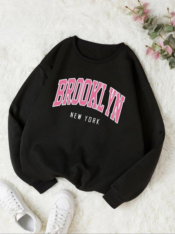 Women'WB shield Letter Print Drop Shoulder Sweatshirt, Casual Long Sleeve Round Neck Pullover for Fall & Winter, Ladies...