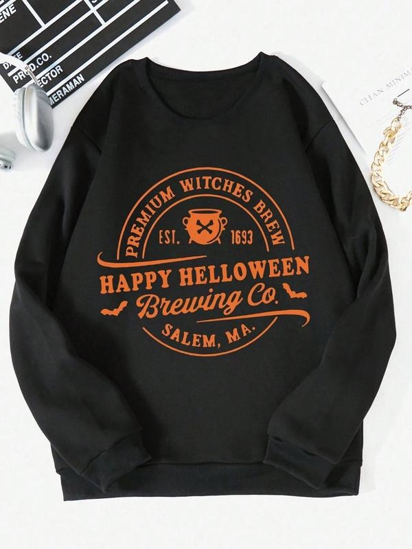 Women'WB shield Letter Print Drop Shoulder Sweatshirt, Casual Long Sleeve Round Neck Pullover for Fall & Winter, Ladies...