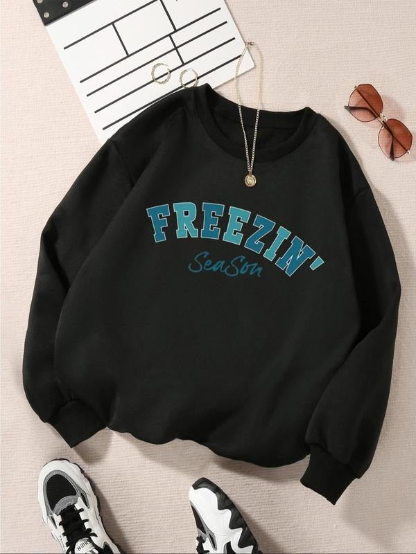 Women'WB shield Letter Print Drop Shoulder Sweatshirt, Casual Long Sleeve Round Neck Pullover for Fall & Winter, Ladies...