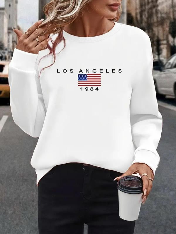 Women'WB shield Letter Print Drop Shoulder Sweatshirt, Casual Long Sleeve Round Neck Pullover for Fall & Winter, Ladies...