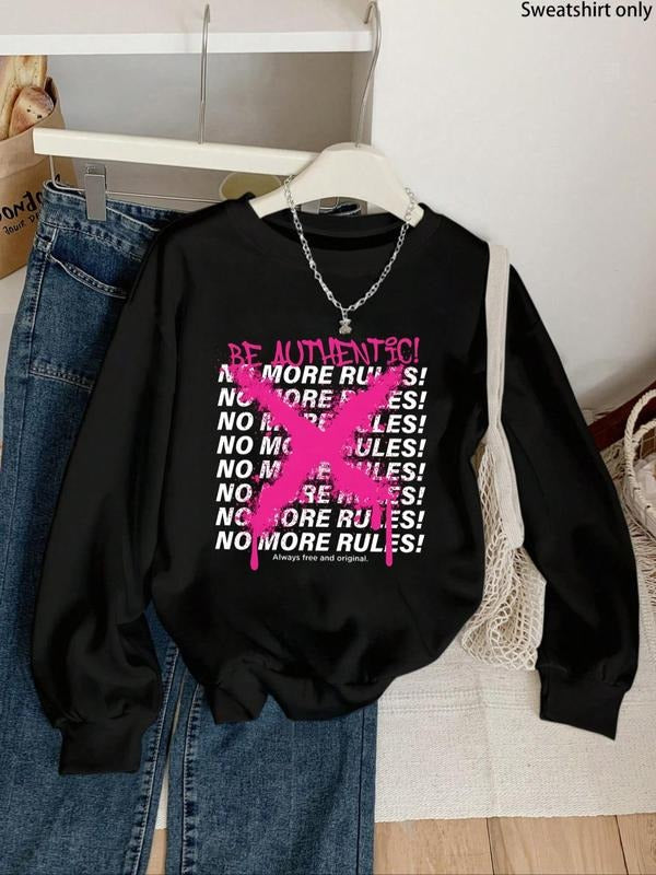 Women'WB shield Letter Print Drop Shoulder Sweatshirt, Casual Long Sleeve Round Neck Pullover for Fall & Winter, Ladies...