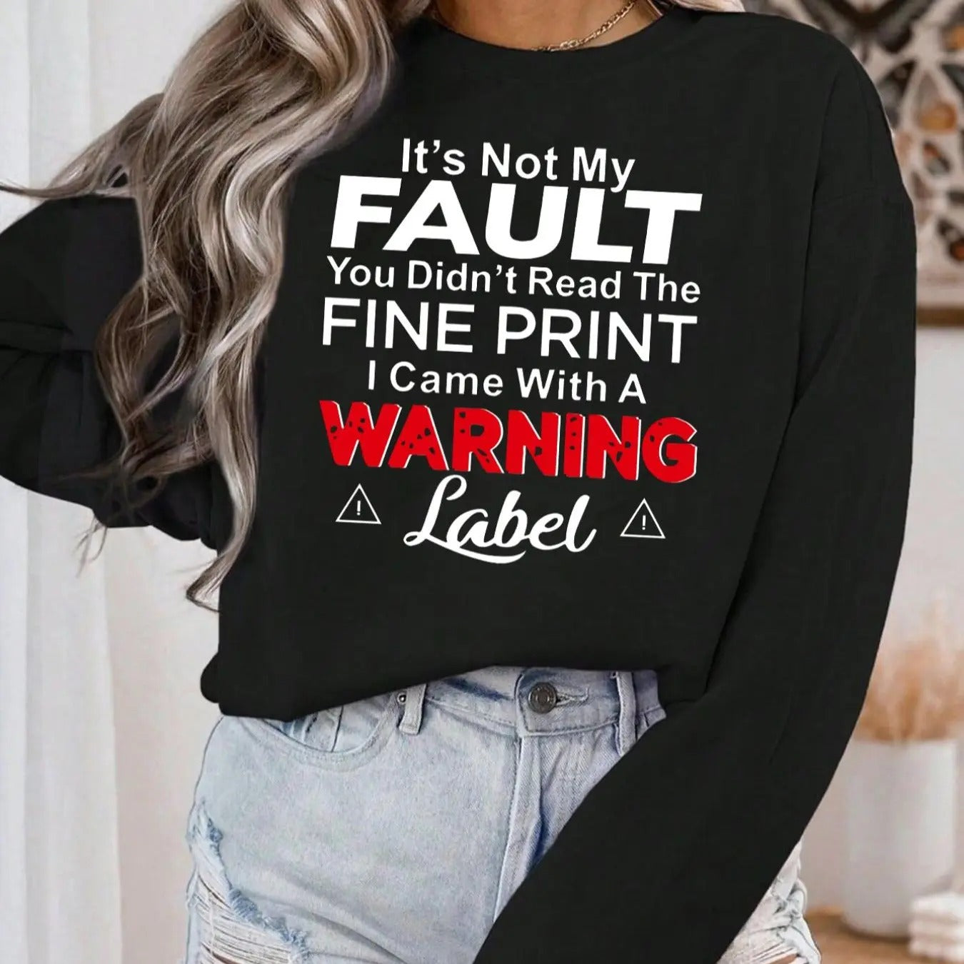 Women'WB shield Letter Print Drop Shoulder Sweatshirt, Casual Long Sleeve Round Neck Pullover for Fall & Winter, Ladies...