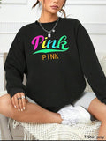 Women'WB shield Letter Print Drop Shoulder Sweatshirt, Casual Long Sleeve Round Neck Pullover for Fall & Winter, Ladies...