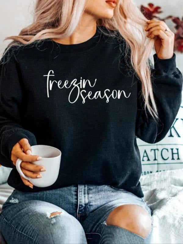 Women'WB shield Letter Print Drop Shoulder Sweatshirt, Casual Long Sleeve Round Neck Pullover for Fall & Winter, Ladies...