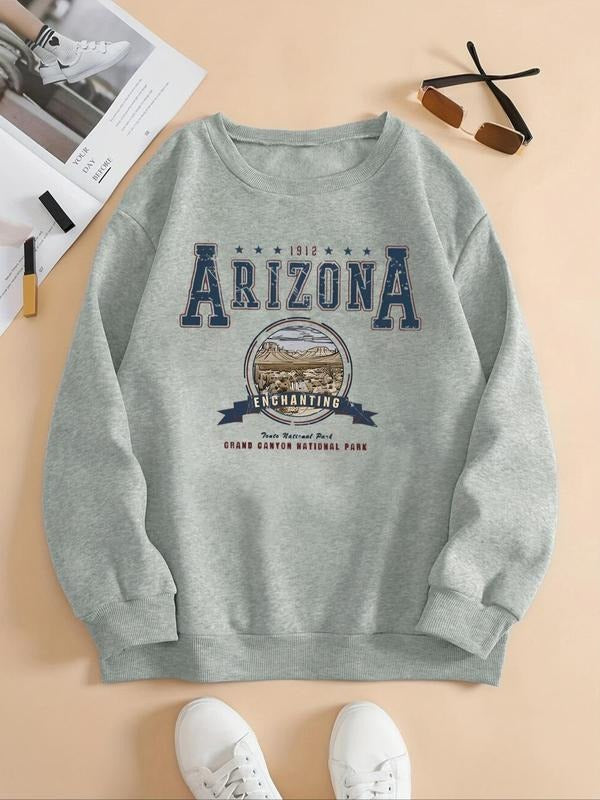 Women'WB shield Letter Print Drop Shoulder Sweatshirt, Casual Long Sleeve Round Neck Pullover for Fall & Winter, Ladies...