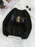Women'WB shield Letter Print Drop Shoulder Sweatshirt, Casual Long Sleeve Round Neck Pullover for Fall & Winter, Ladies...