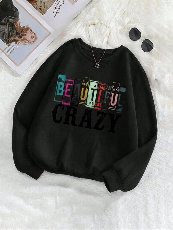 Women'WB shield Letter Print Drop Shoulder Sweatshirt, Casual Long Sleeve Round Neck Pullover for Fall & Winter, Ladies...