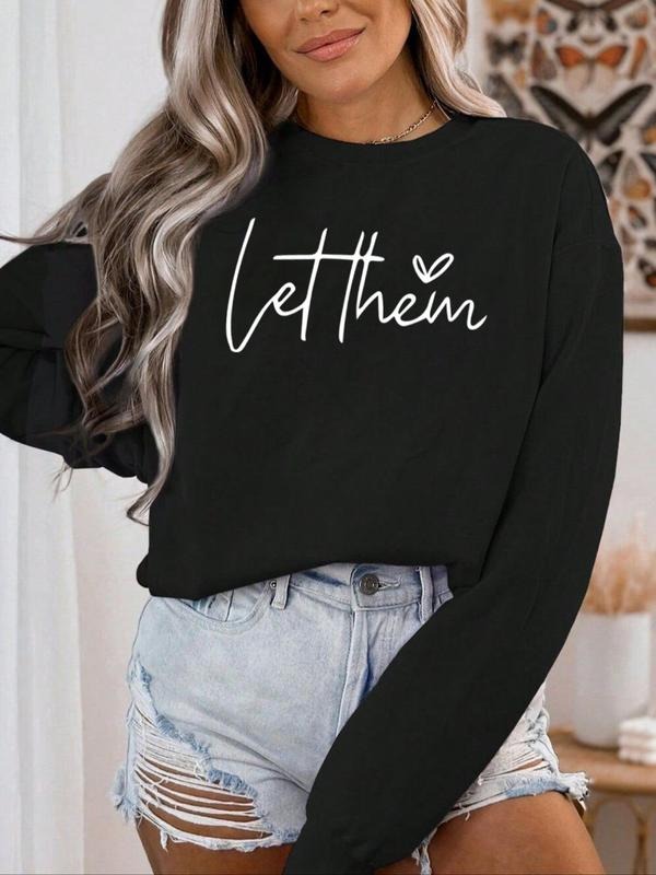 Women'WB shield Letter Print Drop Shoulder Sweatshirt, Casual Long Sleeve Round Neck Pullover for Fall & Winter, Ladies...