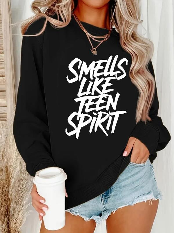 Women'WB shield Letter Print Drop Shoulder Sweatshirt, Casual Long Sleeve Round Neck Pullover for Fall & Winter, Ladies...