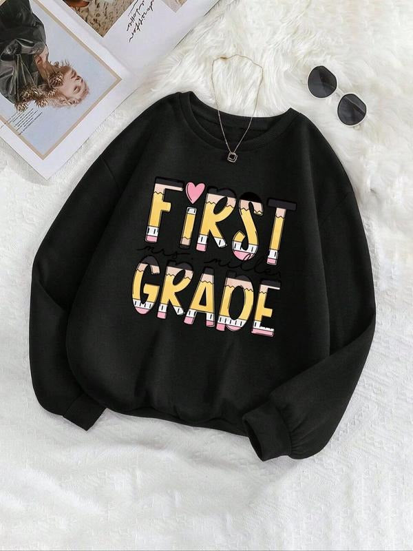 Women'WB shield Letter Print Drop Shoulder Sweatshirt, Casual Long Sleeve Round Neck Pullover for Fall & Winter, Ladies...