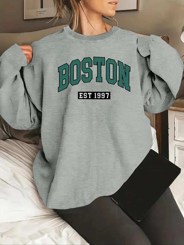 Women'WB shield Letter Print Drop Shoulder Sweatshirt, Casual Long Sleeve Round Neck Pullover for Fall & Winter, Ladies...