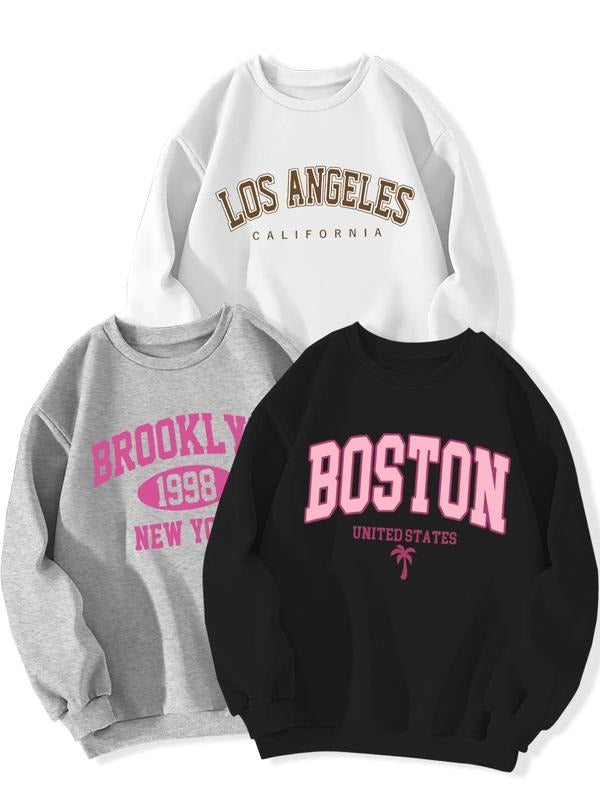 Women'WB shield Letter Print Drop Shoulder Sweatshirt, Casual Long Sleeve Round Neck Pullover for Fall & Winter, Women'WB...