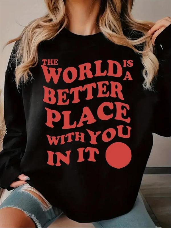 Women'WB shield Letter Print Drop Shoulder Sweatshirt, Casual Long Sleeve Round Neck Pullover for Fall & Winter, Women'WB...