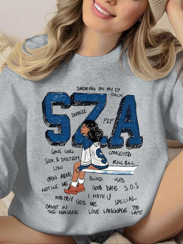 Women'WB shield Letter Print Drop Shoulder Sweatshirt, Casual Long Sleeve Round Neck Pullover for Spring & Fall, Ladies...