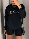 Women'WB shield Letter Print Drop Shoulder Sweatshirt, Casual Long Sleeve Round Neck Pullover for Spring & Fall, Ladies...