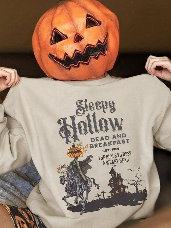 Women'WB shield Letter Print Drop Shoulder Sweatshirt, Halloween Casual Long Sleeve Round Neck Pullover for Daily Wear,...