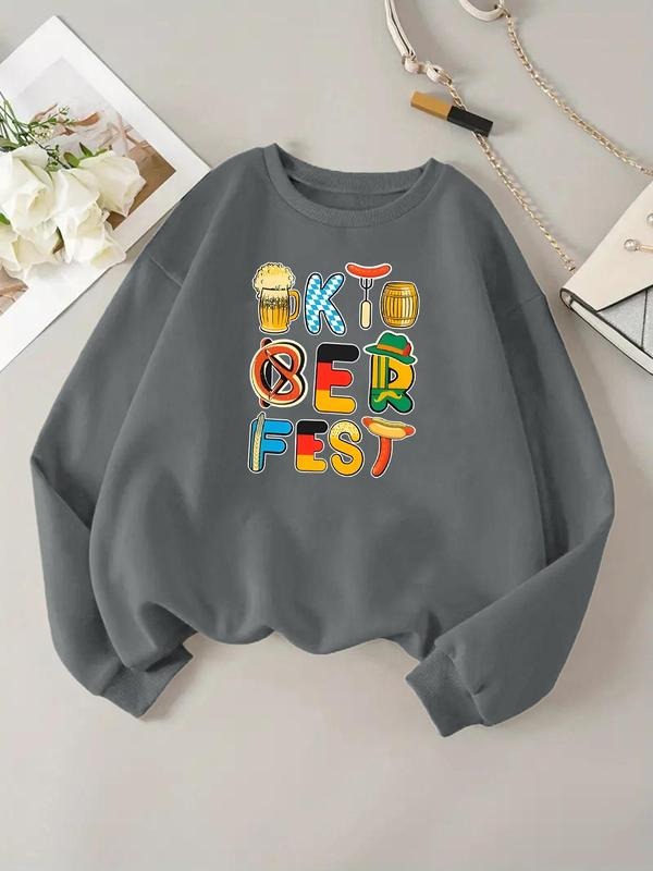 Women'WB shield Letter Print Drop Shoulder TNF Lined Sweatshirt, Casual Long Sleeve Round Neck Pullover for Daily Wear,...