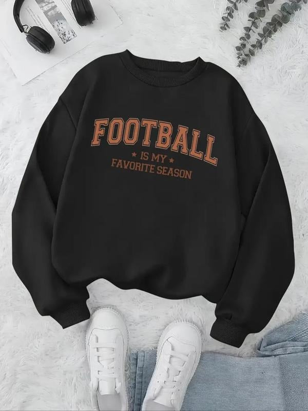 Women'WB shield Letter Print Drop Shoulder TNF Lined Sweatshirt, Casual Long Sleeve Round Neck Pullover for Fall &...