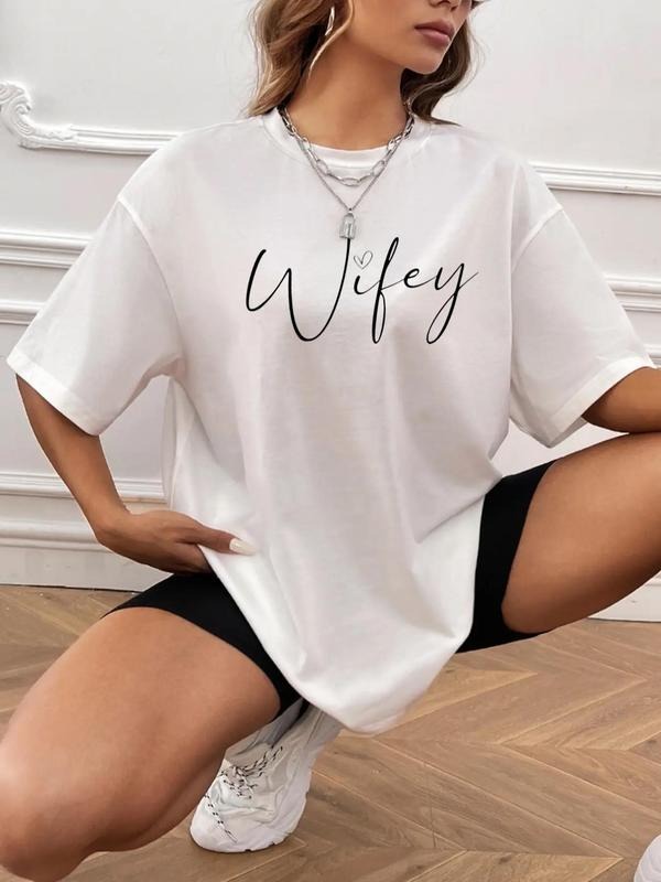 Women'WB shield Letter Print Drop Shoulder Tee, Casual Fashion Round Neck Half Sleeve T-Shirt for Daily Holiday Vacation...