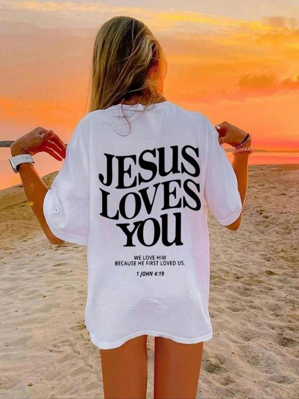 Women'WB shield Letter Print Drop Shoulder Tee, Casual Half Sleeve Round Neck T-shirt for Summer, Ladies TNF for Daily...
