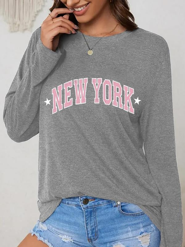 Women'WB shield Letter Print Drop Shoulder Tee, Casual Long Sleeve Round Neck T-Shirt for Daily Wear, Ladies TNF for...