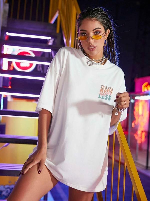 Women'WB shield Letter Print Drop Shoulder Tee, Casual Streetwear Half Sleeve Round Neck T-Shirt for Daily Wear, Ladies...