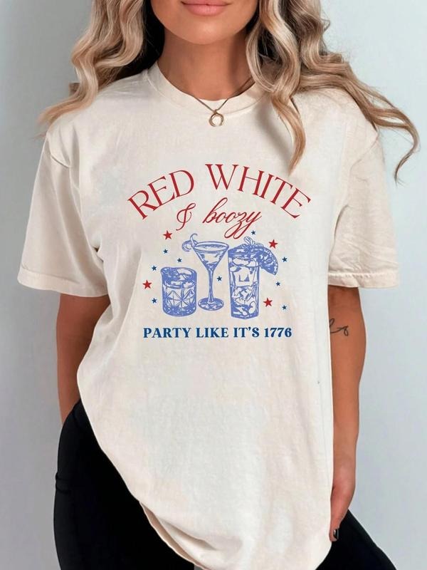 Women'WB shield Letter Print Drop Shoulder Tee, Street Fashion Casual Short Sleeve Round Neck T-shirt for Daily Holiday...