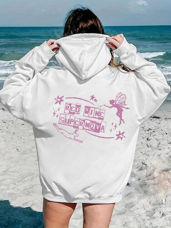 Women'WB shield Letter Print Graphic Drop Shoulder Hoodie, Fashion Casual Drawstring Pocket Hooded Sweatshirt for Daily...