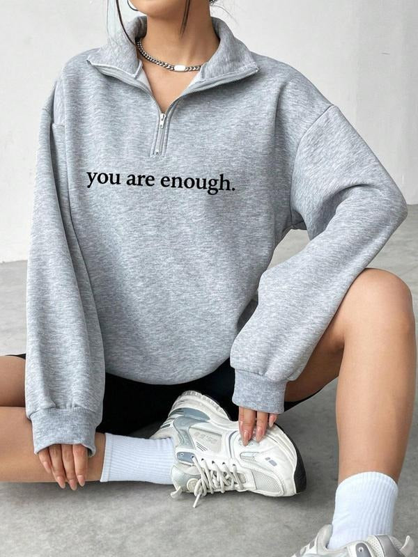 Women'WB shield Letter Print Half Zip Drop Shoulder Sweatshirt, Casual Long Sleeve Pullover for Fall & Winter, Women'WB...
