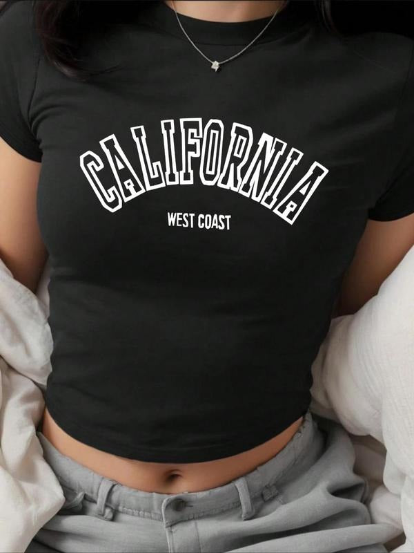 Women'WB shield Letter Print Mock Neck Crop Tee, Street Fashion Short Sleeve Skinny T-Shirt for Daily Wear, Ladies Summer...