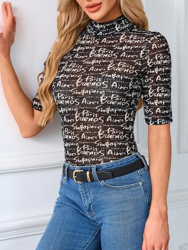Women'WB shield Letter Print Mock Neck Tee, Casual T-shirt for Daily Wear, Ladies TNF for Spiky hair fighters Seasons,...