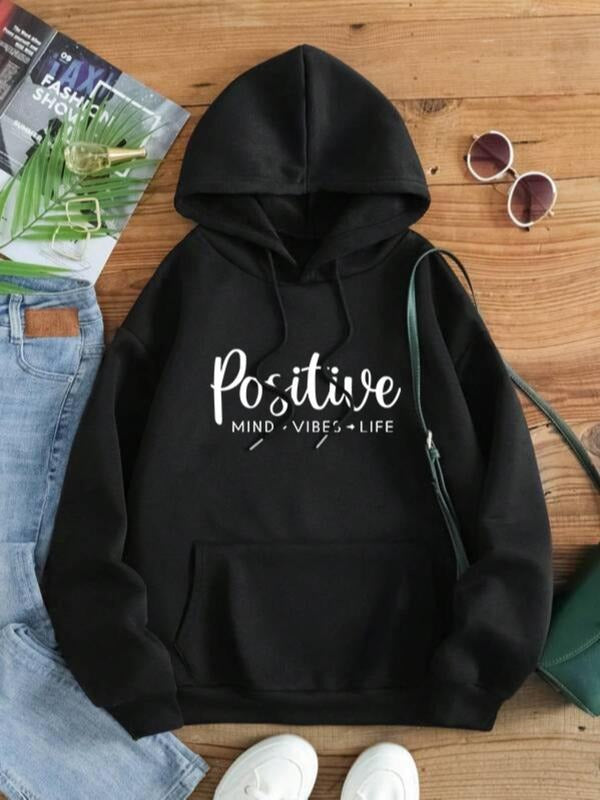 Women'WB shield Letter Print Pocket Drawstring Hoodie, Fashion Casual Drop Shoulder Long Sleeve Hooded Sweatshirt for...