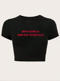 Women'WB shield Letter Print Round Neck Crop Tee, Fashion Crew Neck T-Shirt for Daily Holiday Vacation Outdoor Wear,...