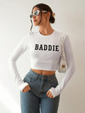 Women'WB shield Letter Print Round Neck Crop Tee, Trendy Casual Long Sleeve T-shirt for Daily Wear, Ladies Summer TNF...