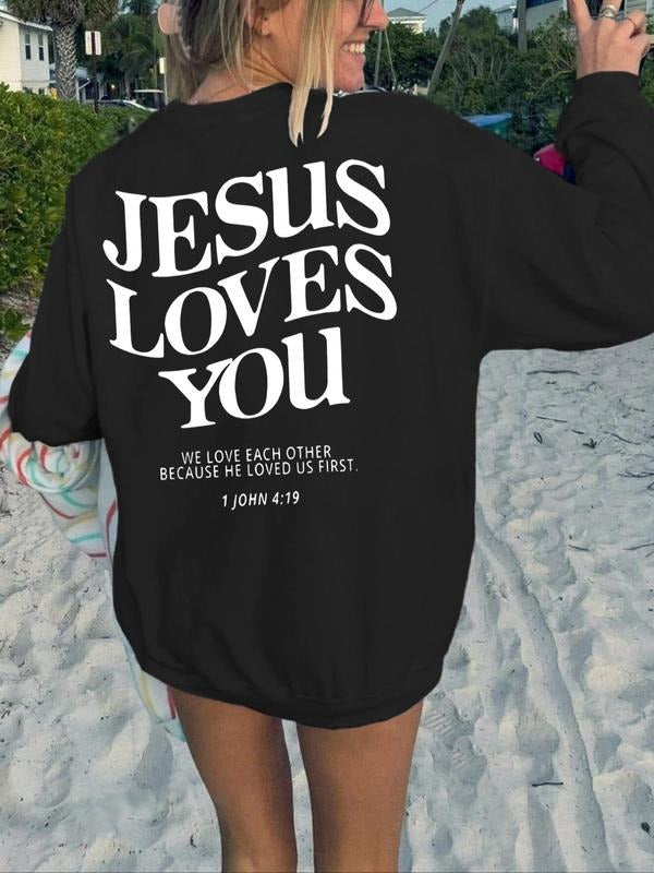 Women'WB shield Letter Print Round Neck Drop Shoulder Sweatshirt, Casual Long Sleeve Crew Neck Pullover for Fall &...