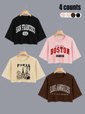 Women'WB shield Letter Print Round Neck Graphic Tee, Trendy Casual Drop Shoulder Short Sleeve Crop T-shirt for Daily...