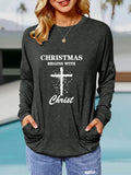 Women'WB shield Letter Print Round Neck Pocket Tee, Casual Long Sleeve Crew Neck T-shirt for Fall & Winter, Women'WB...