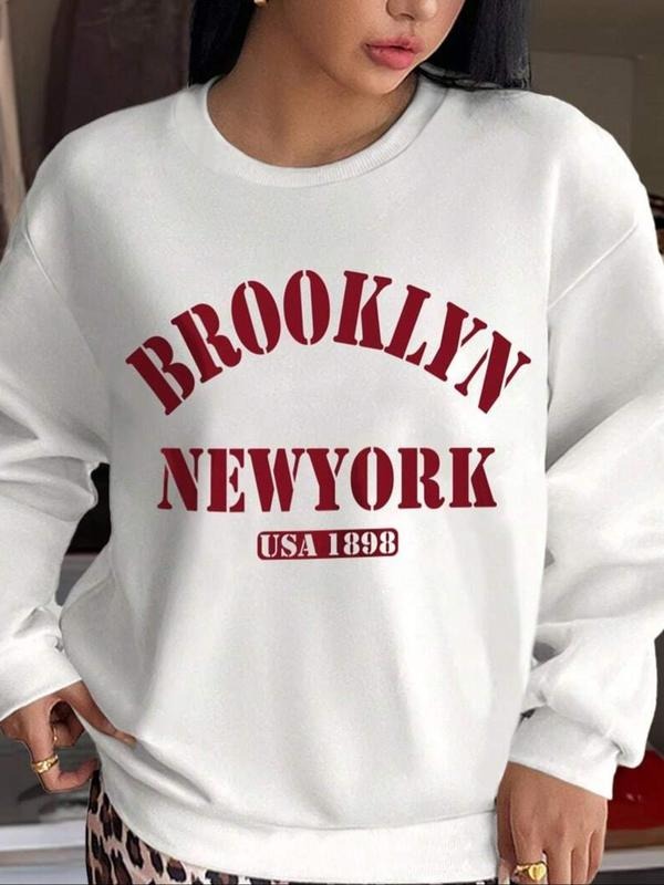 Women'WB shield Letter Print Round Neck Pullover, Casual Long Sleeve Crew Neck Sweatshirt for Spring & Fall, Fashion...
