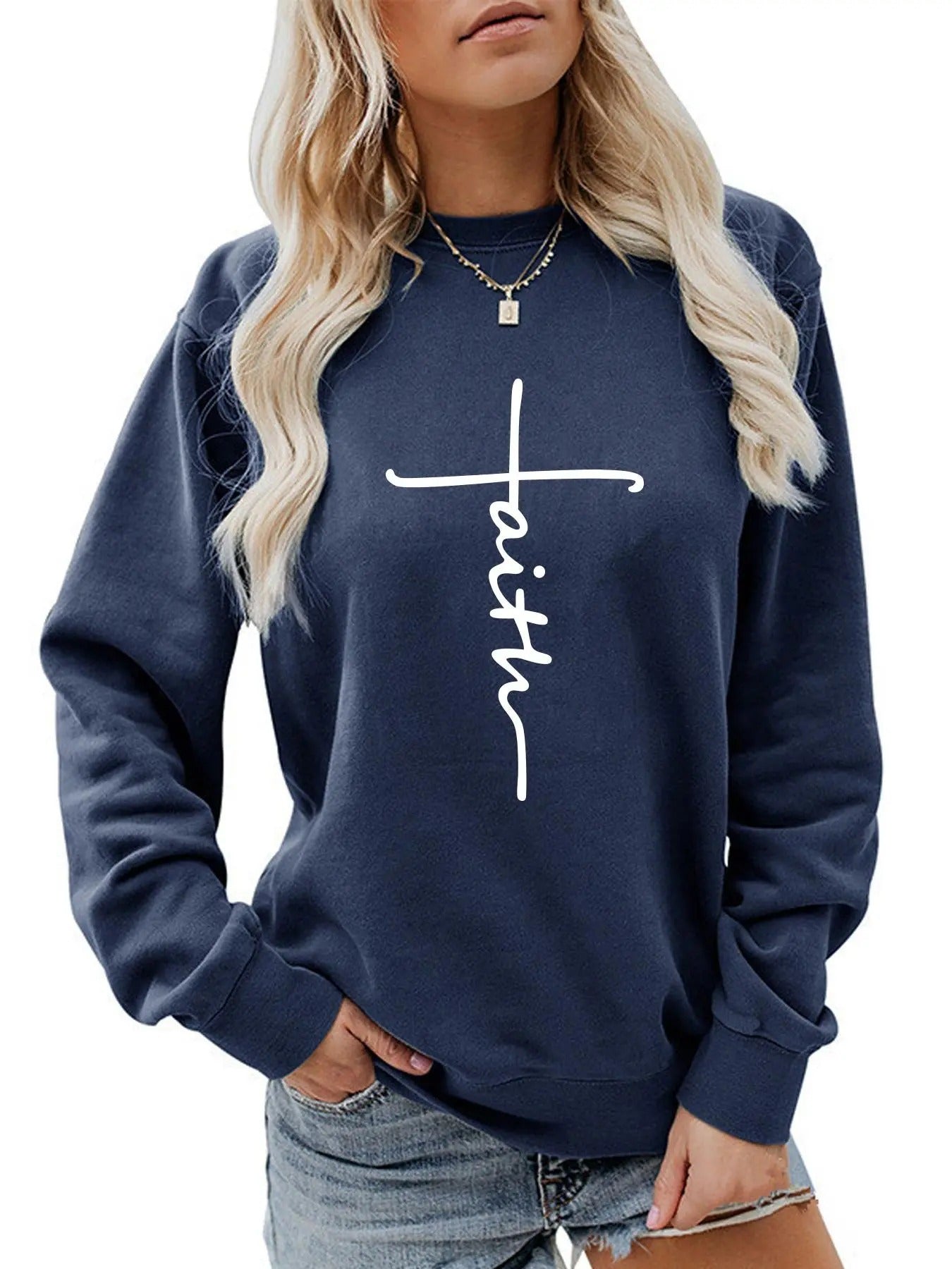 Women'WB shield Letter Print Round Neck Sweatshirt, Casual Long Sleeve Crew Neck Pullover For Fall & Winter, Ladies TNF...