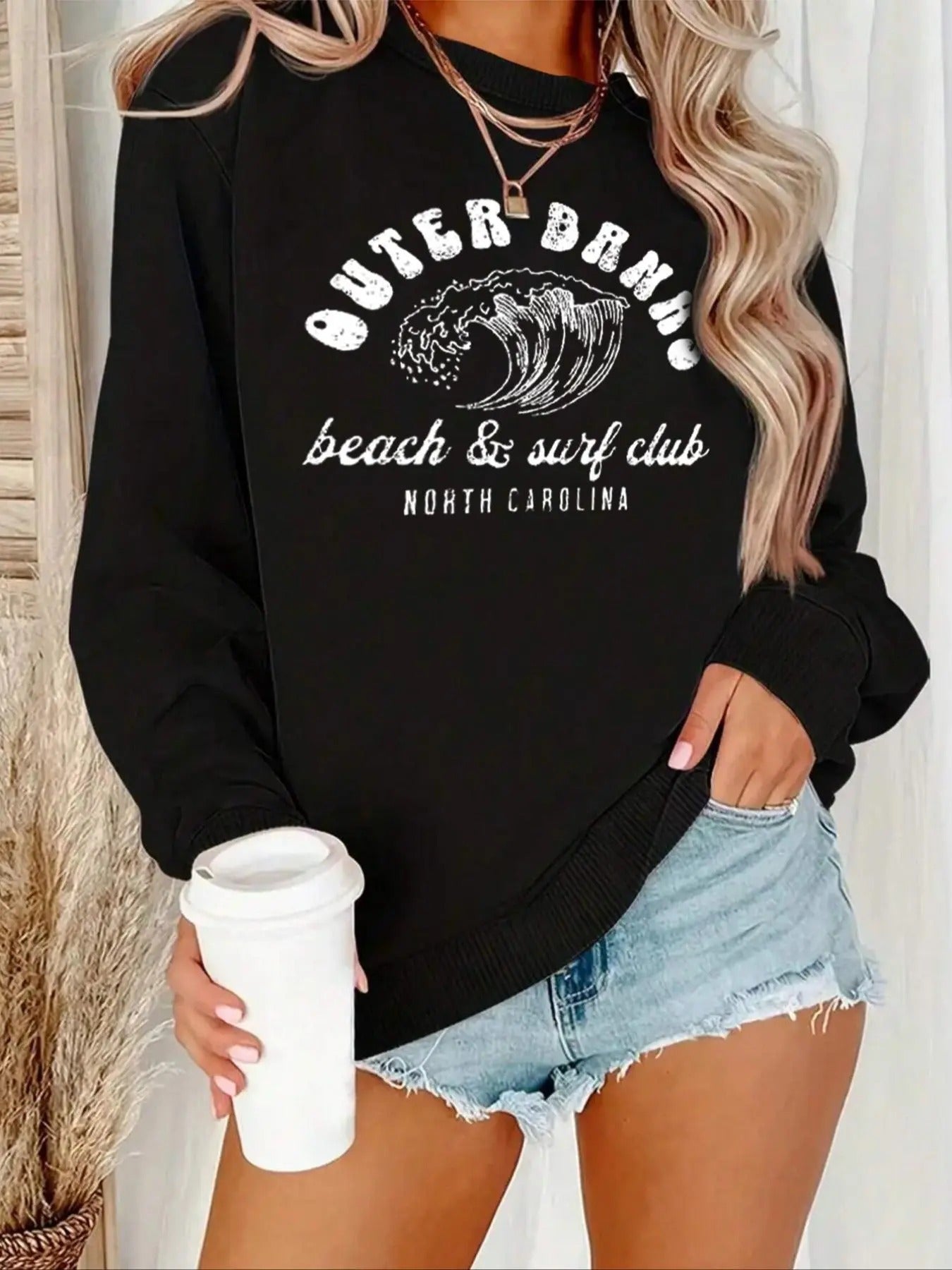 Women'WB shield Letter Print Round Neck Sweatshirt, Casual Long Sleeve Crew Neck Pullover for Fall, Women'WB shield TNF...