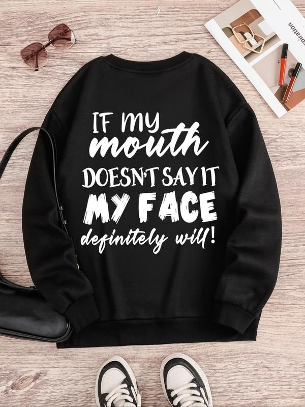 Women'WB shield Letter Print Round Neck Sweatshirt, Casual Long Sleeve Crew Neck Pullover for Spring & Fall, Fashion...