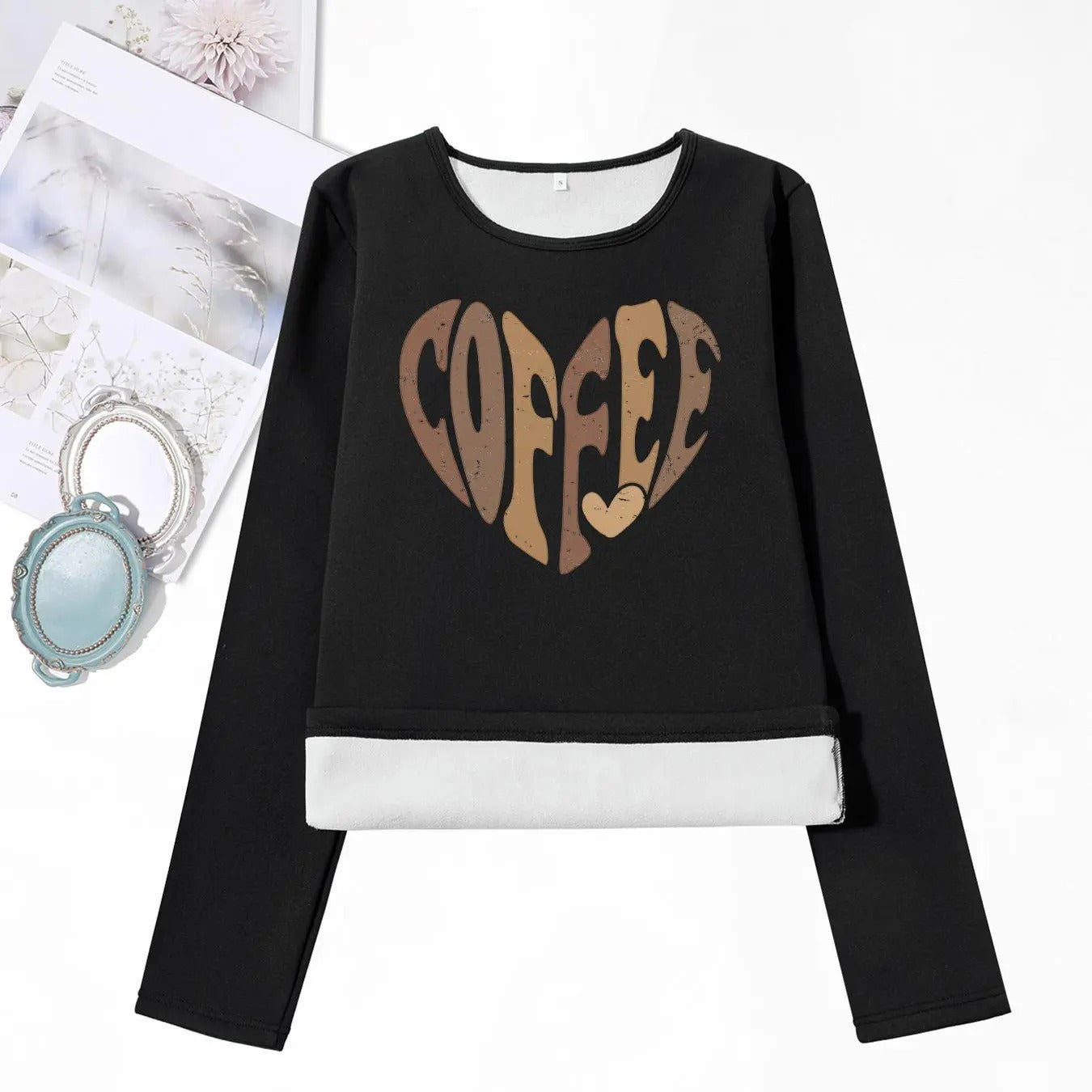 Women'WB shield Letter Print Round Neck TNF Lined T-shirts, Casual Long Sleeve Crew Neck T-shirts for Fall & Winter,...