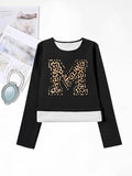 Women'WB shield Letter Print Round Neck TNF Lined T-shirts, Casual Long Sleeve Crew Neck T-shirts for Fall & Winter,...